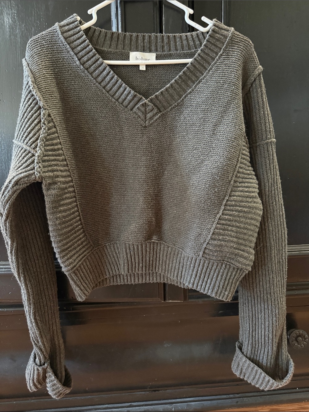 bohme Olive/Taupe V-Neck Ribbed Panel Cropped Sweater